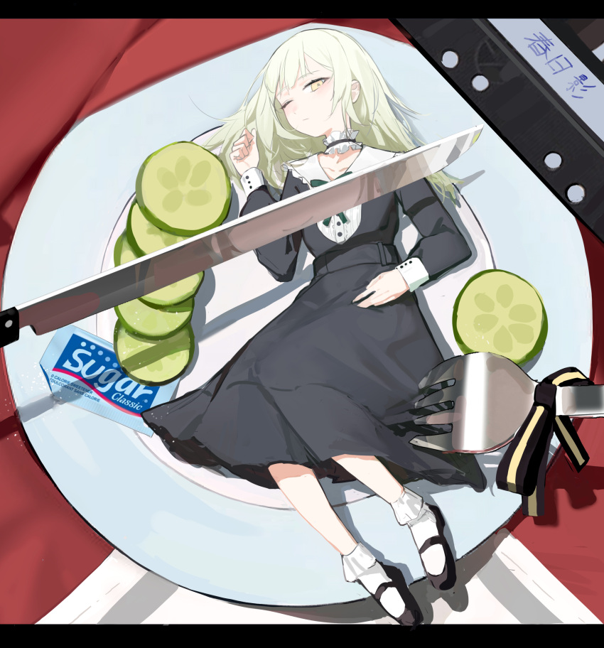 1girl absurdres bang_dream! bang_dream!_it's_mygo!!!!! black_dress black_footwear blonde_hair chopping cucumber dress fork highres imminent_death imminent_murder knife long_hair looking_at_viewer mini_person minigirl on_plate one_eye_closed shenqi_de_(9) socks sugar_(food) wakaba_mutsumi white_socks yellow_eyes you_gonna_get_eaten