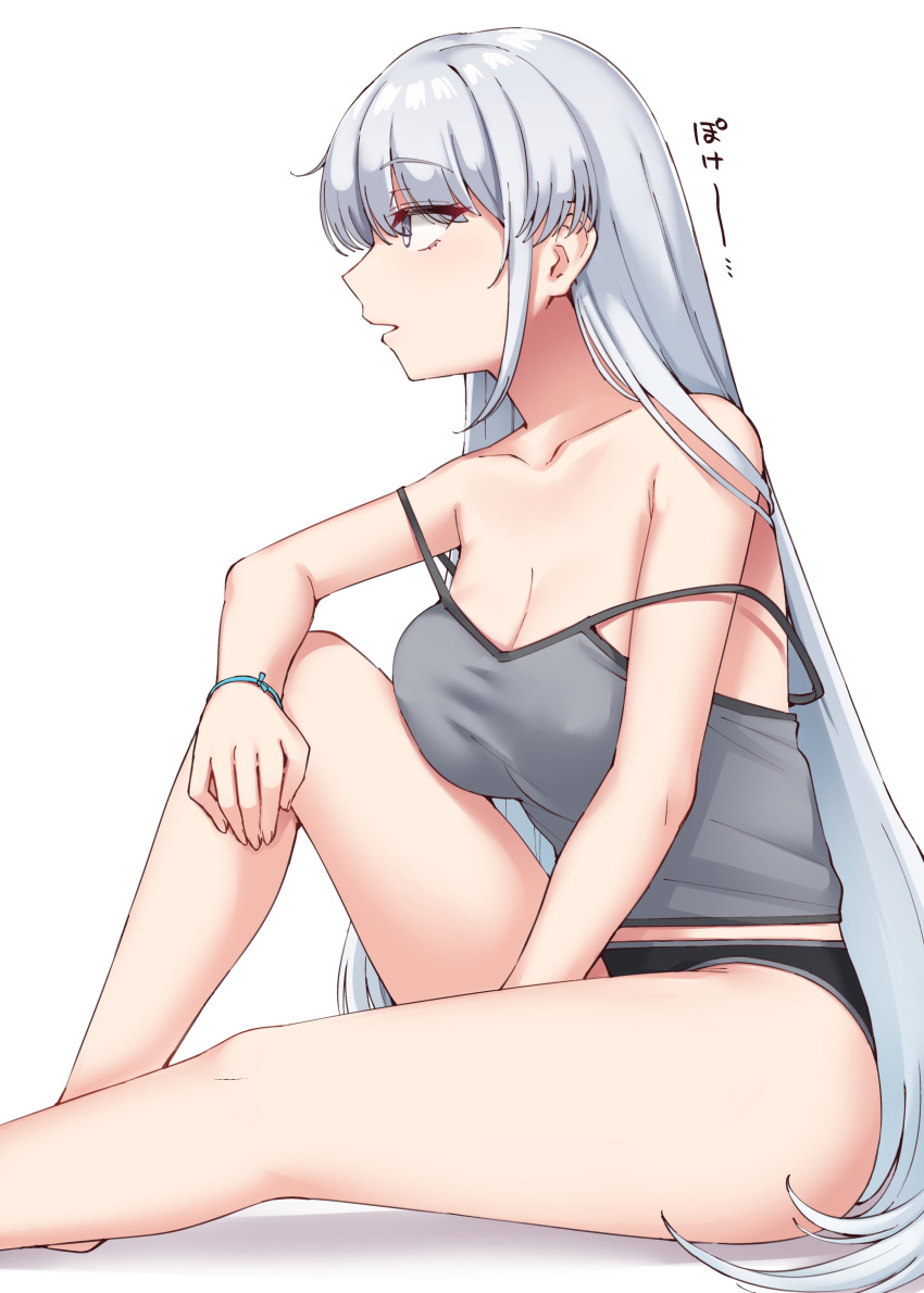 1girl absurdres black_panties breasts camisole cleavage collarbone fuyutsuki_(kancolle) grey_camisole grey_eyes grey_hair highres kantai_collection kiritto large_breasts leg_up long_hair looking_to_the_side open_mouth panties sidelocks simple_background sitting solo underwear white_background wristband