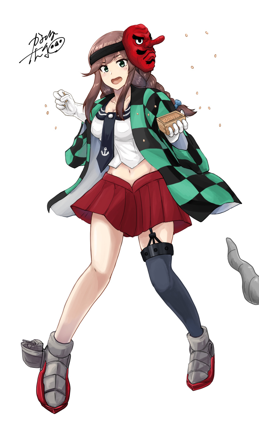 1girl absurdres anchor_symbol asymmetrical_legwear bangs beans black_neckwear black_sailor_collar braid breasts brown_hair check_translation checkered cleavage commentary_request cowboy_shot full_body garter_straps gloves green_eyes happi highres japanese_clothes kaminashi_yamato kantai_collection kimetsu_no_yaiba long_hair looking_at_viewer mamemaki mask mask_on_head masu medium_breasts midriff navel necktie noshiro_(kantai_collection) open_clothes open_mouth pleated_skirt red_skirt sailor_collar school_uniform serafuku setsubun signature single_thighhigh skirt solo swept_bangs tengu_mask thighhighs throwing translation_request twin_braids white_background white_gloves