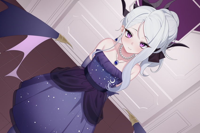 1girl black_horns blue_archive blush closed_mouth dangle_earrings demon_horns demon_wings dress dutch_angle earrings elbow_gloves gloves grey_hair highres hina_(blue_archive) hina_(dress)_(blue_archive) horns indoors jewelry long_hair looking_at_viewer multiple_horns necklace official_alternate_costume official_alternate_hairstyle pendant purple_dress purple_eyes purple_gloves purple_thighhighs purple_wings qianshibu revision smile solo strapless strapless_dress thighhighs wings