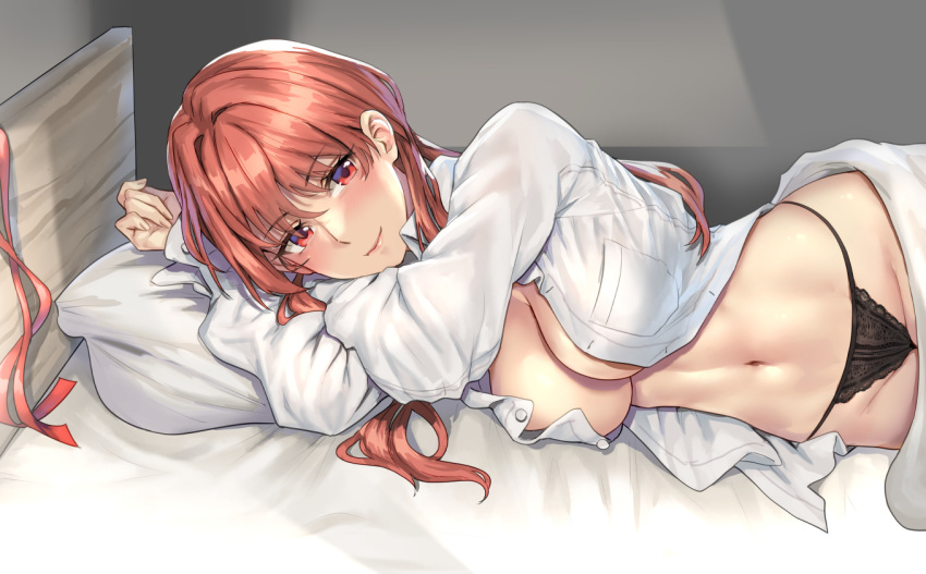 1girl bed_sheet black_panties blush breasts closed_mouth collared_shirt groin kantai_collection kokuzou large_breasts long_hair long_sleeves looking_at_viewer lying navel nevada_(kancolle) on_side open_clothes open_shirt panties pillow red_eyes red_hair shirt smile solo underwear white_shirt