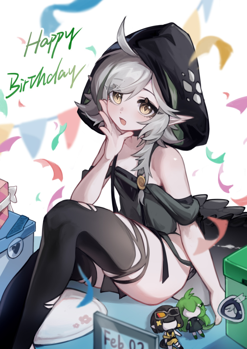 1girl :d absurdres arknights bare_shoulders black_thighhighs box brown_eyes character_doll commentary_request confetti crocodilian_tail eunectes_(arknights) gavial_(arknights) gift gift_box grey_hair hand_up happy_birthday highres hood hood_up knees_up pennant sitting smile solo string_of_flags tail thighhighs tomimi_(arknights) torn_clothes torn_thighhighs white_background yiran91881