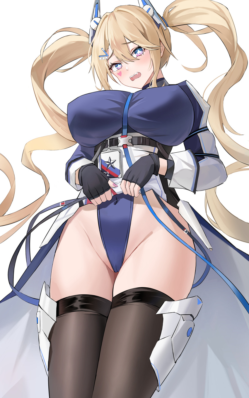 1girl absurdres azur_lane black_gloves black_thighhighs blonde_hair blue_eyes blue_leotard blush breasts covered_navel fingerless_gloves from_below gloves guam_(azur_lane) hai_binggan heart highleg highleg_leotard highres large_breasts leotard long_hair looking_at_viewer open_mouth simple_background solo symbol-shaped_pupils thighhighs thighs twintails white_background
