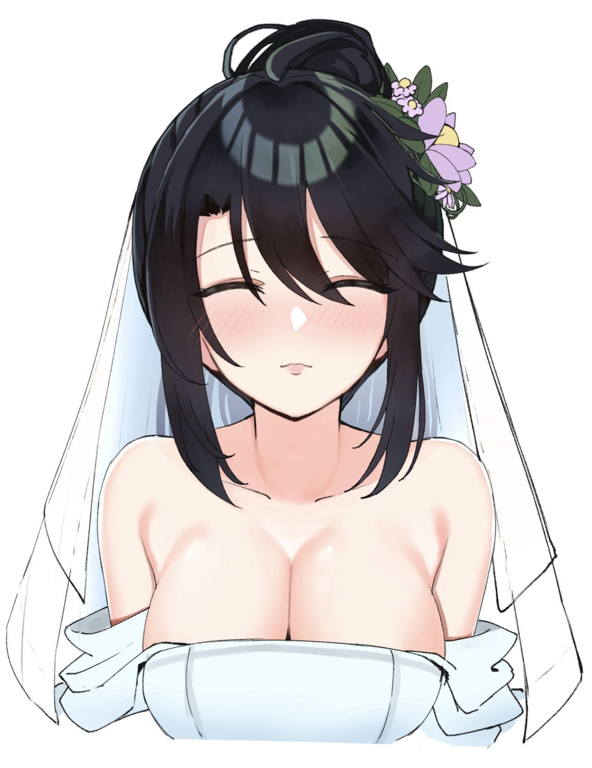 1girl ^_^ alternate_hairstyle bare_shoulders black_hair blush breasts bridal_veil cleavage closed_eyes closed_mouth collarbone commentary dress facing_viewer flower hair_bun hair_flower hair_ornament highres hoshikawa_kaguya large_breasts medium_hair nose_blush purple_flower simple_background single_hair_bun solo straight-on strapless strapless_dress swept_bangs tenshi_souzou_re-boot! tft_(tft7822) upper_body veil wedding wedding_dress white_background