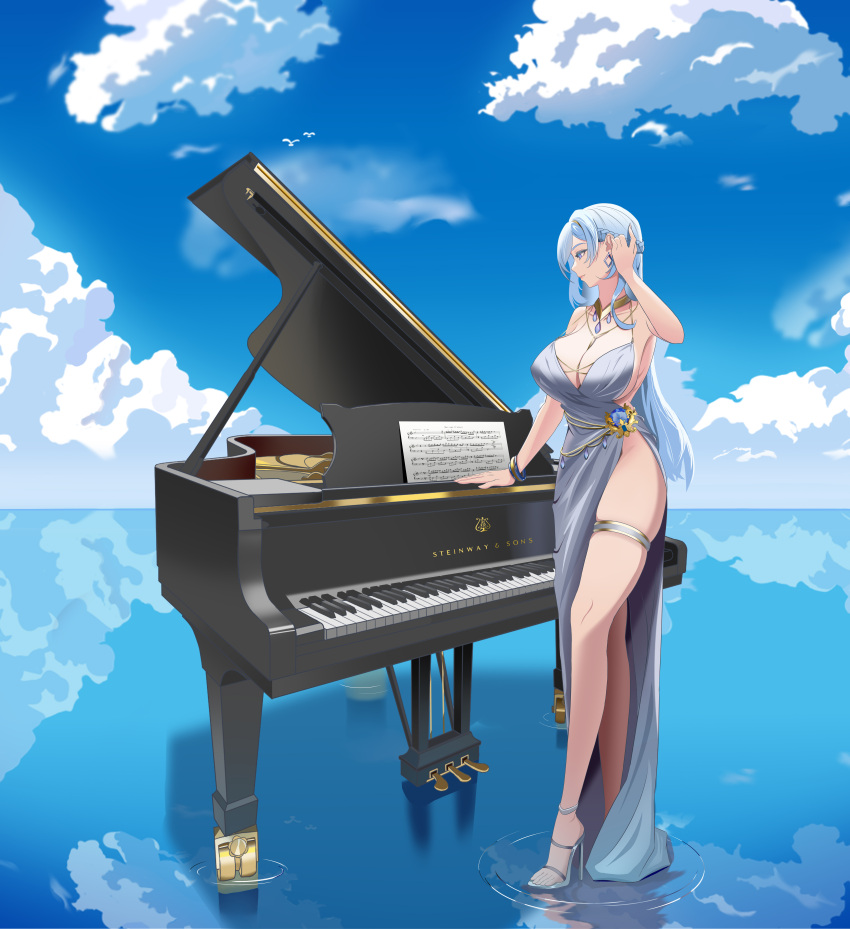 absurdres blue_hair blue_sky braid breasts bridal_garter cloud crown_braid dress ds earrings evening_gown goddess_of_victory:_nikke grand_piano helm_(nikke) high_heels highres instrument jewelry large_breasts legs necklace no_panties piano revealing_clothes sandals shallow_water sky strappy_heels toes water