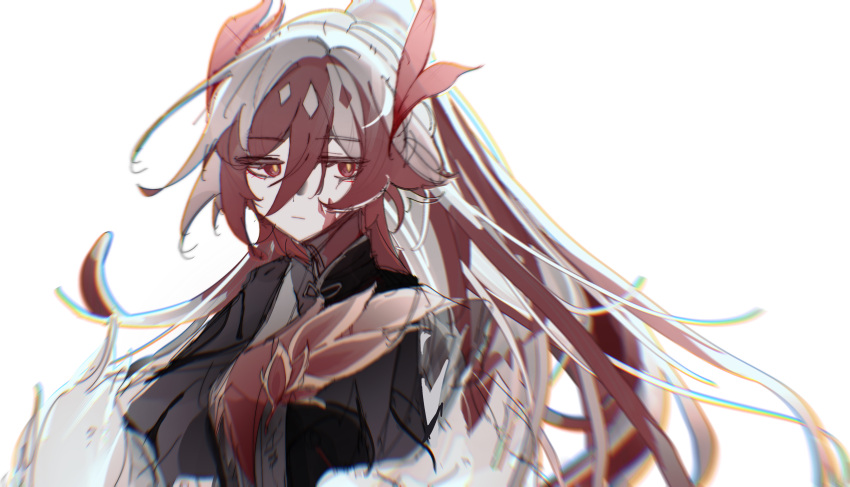 absurdres alternate_costume black_jacket eyeliner fu_hua fu_hua_(fenghuang_of_vicissitude) gan5929982 grey_shirt hair_between_eyes highres honkai_(series) honkai_impact_3rd jacket long_hair long_sleeves makeup multicolored_hair open_clothes open_jacket red_eyeliner red_eyes red_hair red_scales shirt simple_background streaked_hair symbol-shaped_pupils two-tone_hair upper_body white_background white_hair yellow_pupils