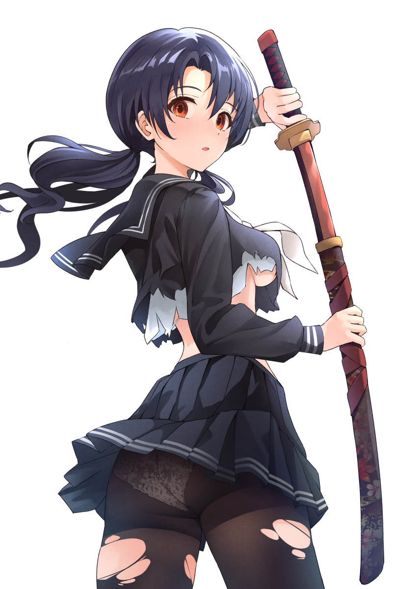 1girl absurdres ass b1ack_illust black_hair black_pantyhose black_serafuku blush breasts commentary_request floating_hair highres holding holding_sword holding_weapon idol_heroes_(idolmaster) idolmaster idolmaster_million_live! katana looking_at_viewer looking_back medium_breasts panties panties_under_pantyhose pantyhose pleated_skirt red_eyes school_uniform serafuku sheath shirt simple_background skirt solo sword takayama_sayoko torn_clothes torn_pantyhose torn_shirt twintails underboob underwear unsheathing weapon white_background white_panties