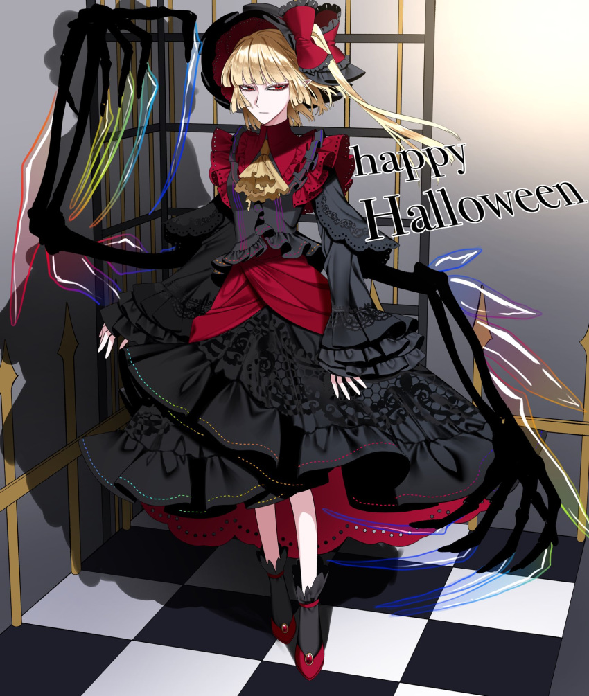 1girl alternate_costume black_dress black_headwear black_socks black_wings blue_gemstone blunt_bangs checkered_floor collar crystal dress extra_arms flandre_scarlet floral_print frilled_dress frilled_ribbon frilled_socks frills gem hair_ornament hair_ribbon halloween halloween_costume happy_halloween hat highres jewelry layered_clothes layered_dress long_sleeves medium_hair multicolored_clothes multicolored_dress neckerchief nubezon pointy_ears ponytail red_collar red_dress red_eyes red_footwear red_gemstone red_ribbon ribbon shoes side_ponytail skeletal_arm skeletal_wings skeleton socks touhou vampire wide_sleeves wings yellow_gemstone yellow_neckerchief