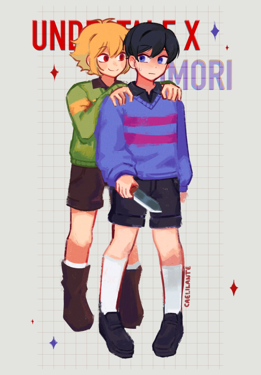 2boys alternate_eye_color basil_(faraway)_(omori) basil_(omori) black_footwear black_hair black_shorts blonde_hair blue_eyes blue_sweater blush boots brown_footwear brown_shorts caelilante chara_(undertale) chara_(undertale)_(cosplay) closed_mouth copyright_name cosplay frisk_(undertale) frisk_(undertale)_(cosplay) green_sweater hands_on_another's_shoulders highres holding holding_knife knife looking_at_another multiple_boys omori red_eyes shorts smile socks sunny_(omori) sweatdrop sweater white_socks