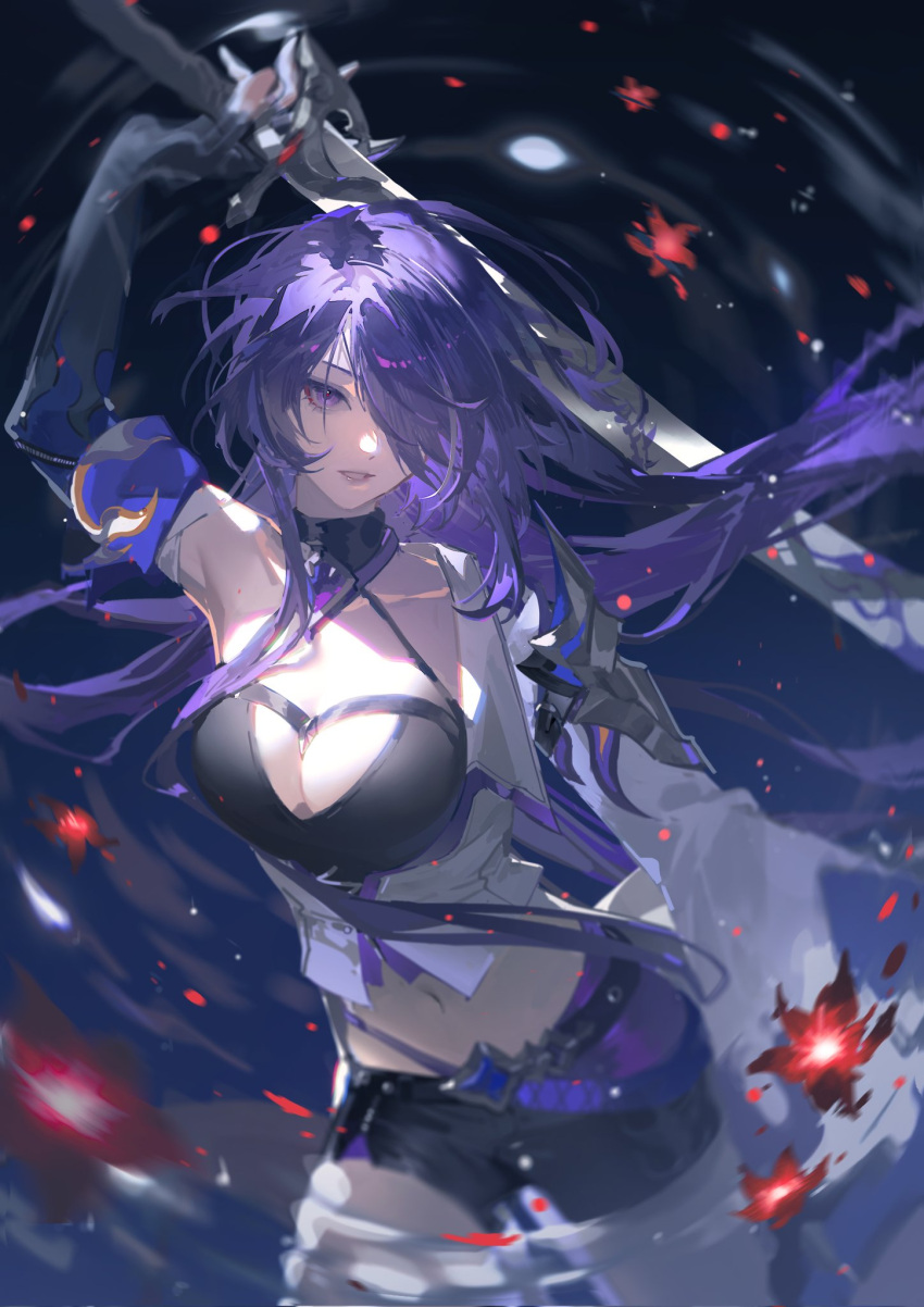 1girl acheron_(honkai:_star_rail) arm_up asymmetrical_clothes asymmetrical_coat black_choker black_gloves black_shorts breasts choker cleavage coat collarbone cowboy_shot elbow_gloves fingerless_gloves flower gloves hair_over_one_eye hand_up highres holding holding_sword holding_weapon honkai:_star_rail honkai_(series) legs_apart long_hair looking_at_viewer medium_breasts midriff navel open_mouth purple_eyes purple_hair red_flower short_shorts shorts shuangbatian single_bare_shoulder single_glove single_sleeve solo sword sword_behind_back weapon