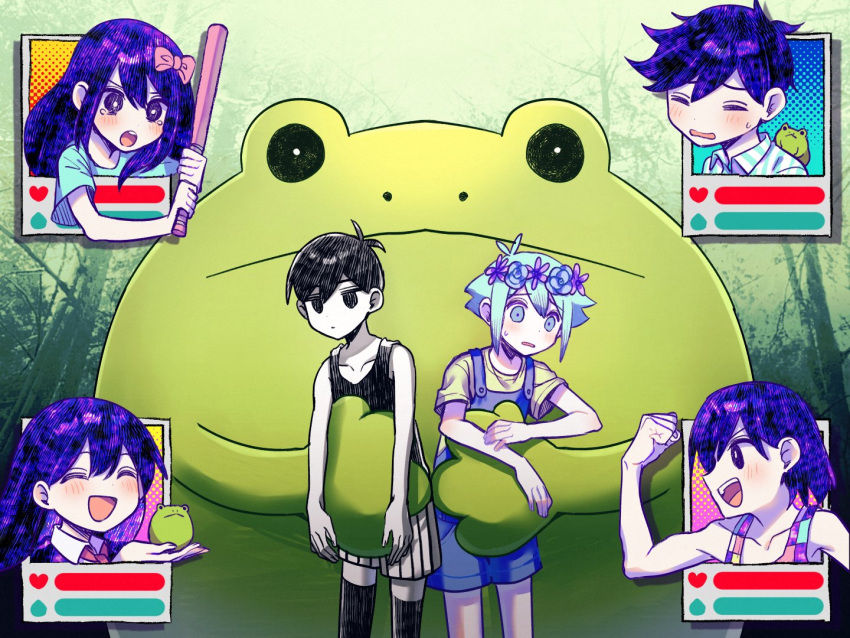 2girls 4boys aubrey_(headspace)_(omori) aubrey_(omori) baseball_bat basil_(headspace)_(omori) basil_(omori) black_hair black_thighhighs blue_overalls bow expressionless frog green_eyes green_hair green_shirt hair_bow hero_(headspace)_(omori) hero_(omori) holding holding_baseball_bat kel_(headspace)_(omori) kel_(omori) long_hair mari_(headspace)_(omori) mari_(omori) multiple_boys multiple_girls omori omori_(omori) open_mouth overall_shorts overalls pink_bow purple_eyes purple_hair shirt short_hair short_sleeves teeth thighhighs upper_teeth_only yutsu