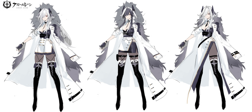 1girl absurdres asymmetrical_clothes asymmetrical_coat azur_lane black_footwear black_gloves black_hair boots breasts cleavage coat fur-trimmed_coat fur_trim gloves hair_over_one_eye highres kursk_(azur_lane) kurumi_(recycllamo) large_breasts long_coat long_sleeves multicolored_hair multiple_views red_eyes sketch thigh_boots two-tone_hair white_coat white_hair