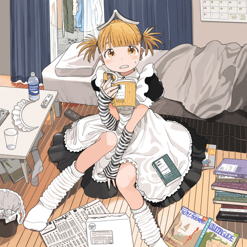 1girl apron bed between_legs black_arm_warmers black_dress blanket blonde_hair blunt_bangs book book_on_head book_stack calendar_(object) clenched_teeth clothes_spread_out comiket commentary curtains dot_nose dress ear_piercing frilled_dress frills full_body glass hand_between_legs highres holding holding_book indoors knees_together_feet_apart laundry light_blush looking_at_viewer loose_socks maid maid_headdress nagomurasan nail_polish object_on_head on_ground original piercing pillow puffy_short_sleeves puffy_sleeves short_sleeves short_twintails sitting socks solo striped_arm_warmers sweatdrop table tareme teeth trash_can twintails twintails_day white_apron white_arm_warmers white_socks wooden_floor yellow_eyes