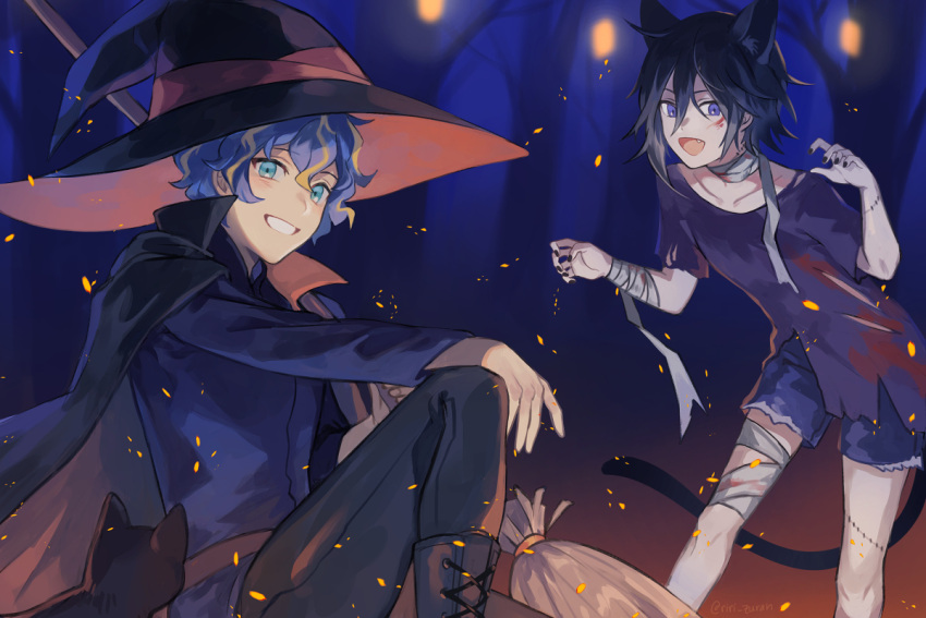 2boys :d aqua_eyes astel_leda bandages black_cape black_cat black_hair black_headwear black_nails black_pants blonde_hair blue_hair blue_shorts boots broom cape cat cross-laced_footwear eyebrows_visible_through_hair fang forest grin halloween halloween_costume hat holostars kanade_izuru looking_at_viewer male_focus messy_hair multicolored_hair multiple_boys nail_polish nature night open_mouth pants purple_eyes purple_shirt riri_zuran shirt shorts smile stitches tree virtual_youtuber witch_hat zombie