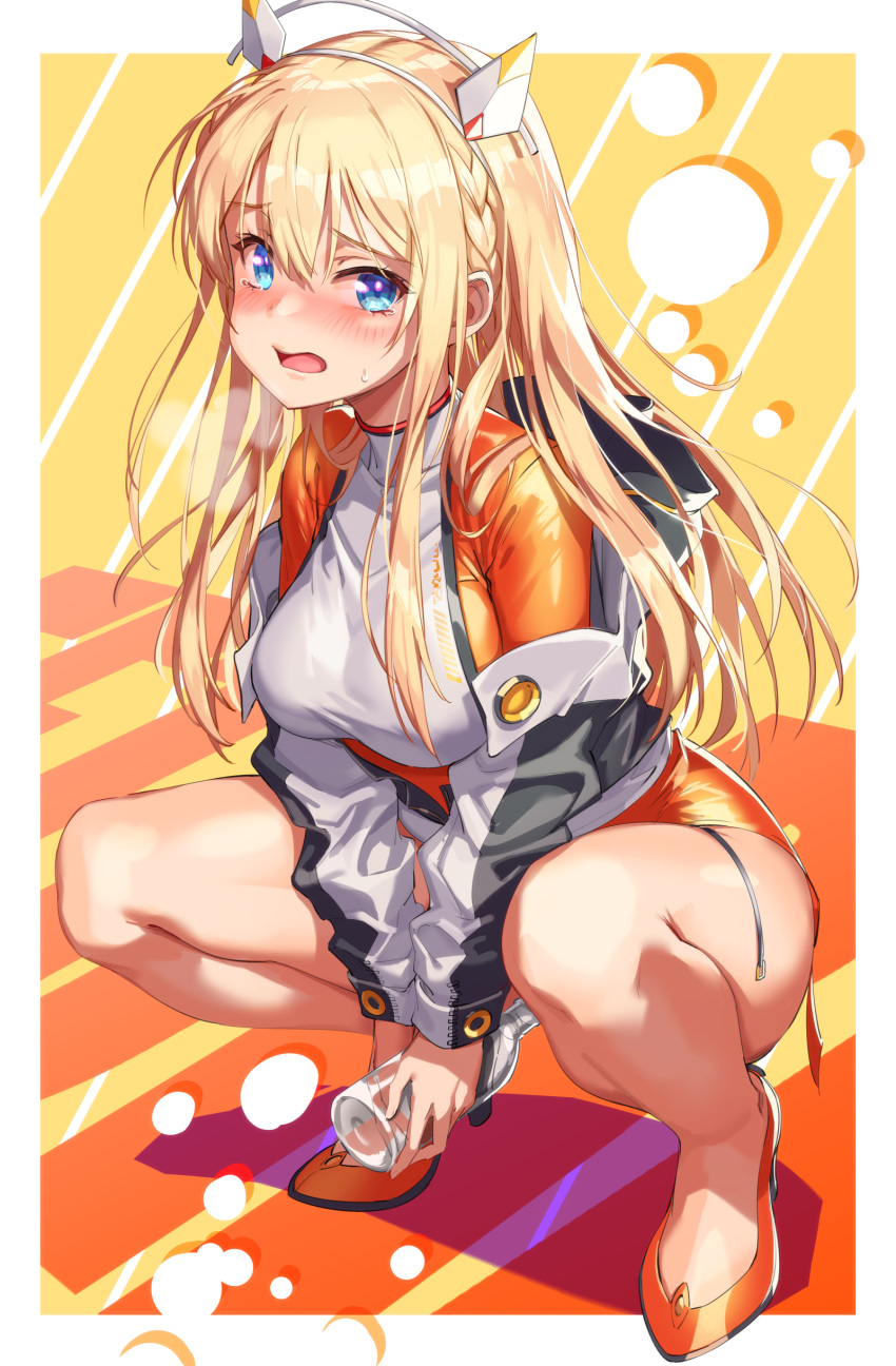 1girl absurdres between_legs blonde_hair blue_eyes blush bodysuit bottle braid breasts embarrassed floating_hair_ornament goddess_of_victory:_nikke hair_between_eyes hand_between_legs have_to_pee headgear high_heels highres holding holding_bottle jacket large_breasts long_hair long_sleeves looking_at_viewer michairu multicolored_clothes multicolored_jacket off_shoulder open_clothes open_jacket open_mouth orange_bodysuit orange_footwear own_hands_together sidelocks skin_tight solo squatting sweat tears tove_(nikke) two-tone_jacket v_arms
