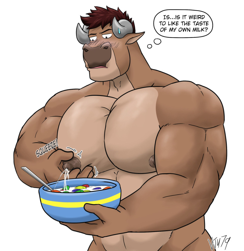 anthro big_nipples big_pecs black_nipples blush blush_lines bodily_fluids bovid bovine cattle cereal dairy_products food hi_res lactating male male/male male_lactation mammal muscular muscular_anthro muscular_male nipples pecs solo vju79