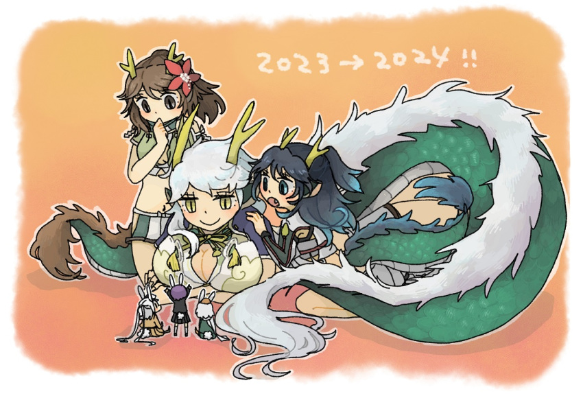 2023 2024 6+girls animal_ears antlers arms_up asymmetrical_sidelocks black_hair black_skirt blue_eyes blue_hair breasts brown_eyes brown_hair chinese_zodiac cleavage_cutout closed_mouth clothing_cutout cropped_jacket dated dragon_ears dragon_girl dragon_tail fang flower full_body fur-tipped_tail gradient_background gradient_hair green_scales hair_flower hair_ornament hand_to_own_mouth horns jacket japanese_clothes kneeling large_breasts light_blush long_hair long_sleeves looking_at_another looking_down looking_up lying multicolored_hair multiple_girls navel new_year on_stomach open_mouth orange_background original pleated_skirt ponytail purple_hair purple_jacket rabbit_ears rabbit_girl rabbit_tail red_flower sachilko_(motiko) scales scarf short_hair short_sleeves sitting size_difference skirt slit_pupils smile standing tail very_long_hair white_hair year_of_the_dragon year_of_the_rabbit yellow_eyes yellow_skirt