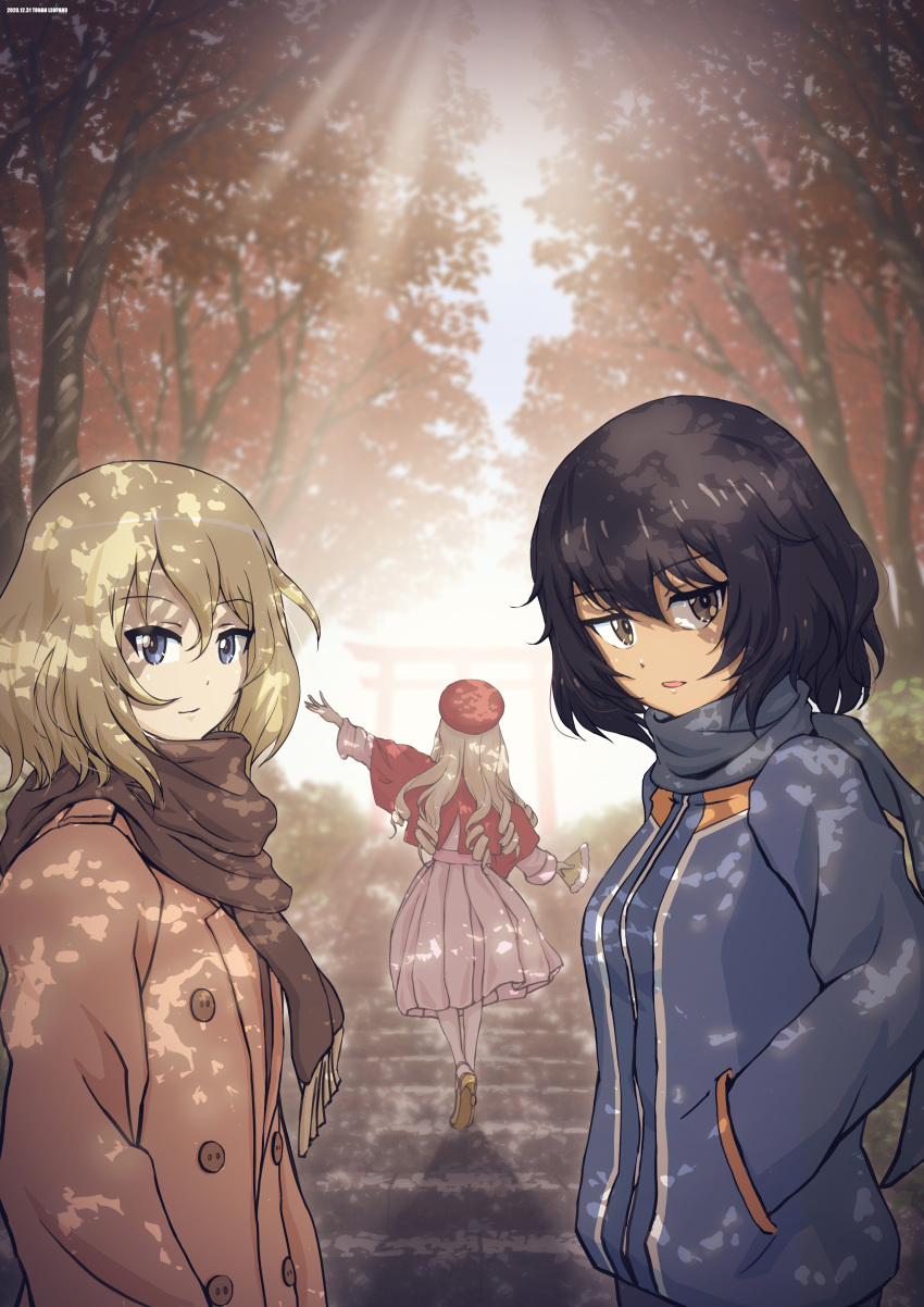 3girls absurdres andou_(girls_und_panzer) arm_up artist_name bangs beret black_hair blonde_hair blue_coat blue_eyes blue_scarf blurry blurry_background brown_eyes brown_scarf capelet casual closed_mouth coat collar dappled_sunlight dark_skin dated day depth_of_field drill_hair eyebrows_visible_through_hair fan folding_fan from_side girls_und_panzer hands_in_pockets hat hatsumoude highres holding holding_fan long_hair looking_at_viewer marie_(girls_und_panzer) medium_hair medium_skirt messy_hair multiple_girls new_year open_mouth oshida_(girls_und_panzer) outdoors pink_skirt red_capelet red_headwear scarf skirt smile stairs standing sunlight tonan_leopard torii white_collar