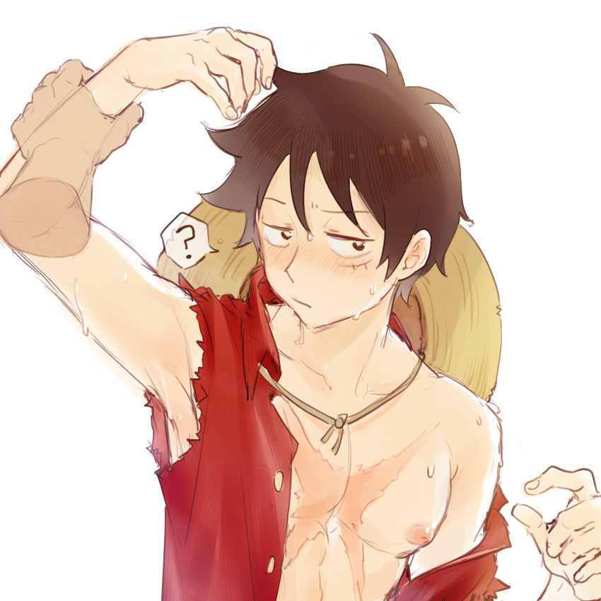 1boy ? arm_up armpits bare_pectorals black_eyes black_hair blush disembodied_limb hat hat_on_back highres holding_another's_arm male_focus moko_(gloriaaaaaa) monkey_d._luffy one_piece open_clothes pectorals scar scar_on_cheek scar_on_chest scar_on_face short_hair simple_background single_off_shoulder solo spoken_question_mark straw_hat sweat upper_body white_background