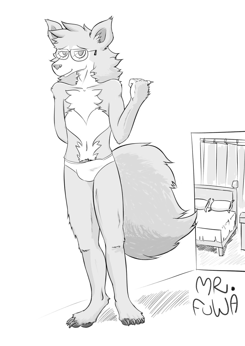 absurd_res anthro bedroom briefs bulge canid canine canis clothing eyewear fur glasses grey_body grey_fur hi_res male mammal mr_fuwa nude paws simple_background solo tagme underwear wolf