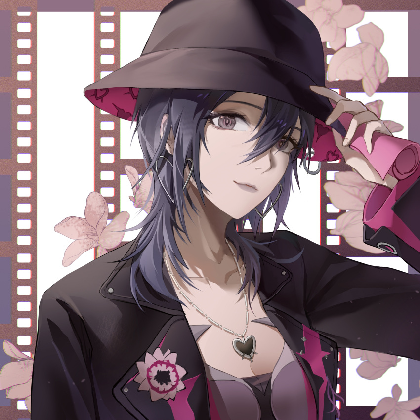1girl absurdres adjusting_clothes adjusting_headwear black_headwear black_jacket black_shirt blue_hair boutonniere breasts chinese_commentary cleavage collarbone commentary dangle_earrings deren_(path_to_nowhere) earrings fedora film_reel flower grey_eyes grey_lips hair_between_eyes hat heart heart_earrings heart_necklace highres holding holding_paper jacket jewelry layered_sleeves looking_at_viewer medium_hair necklace paper paper_roll path_to_nowhere portrait shirt solo symbol-shaped_pupils zhongyuanqing
