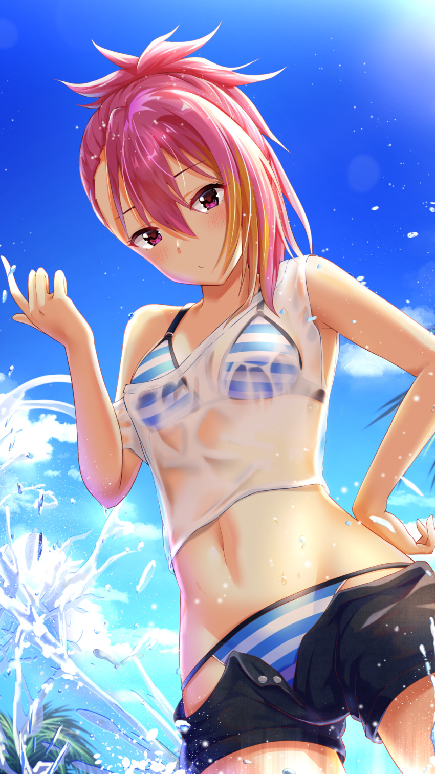 1girl bare_shoulders bikini bikini_under_shorts black_shorts blonde_hair blue_bikini blue_sky blush breasts cleavage closed_mouth cloud cowboy_shot day dot_nose from_above hand_on_own_hip hand_up highres idolmaster idolmaster_million_live! idolmaster_million_live!_theater_days large_breasts lens_flare long_hair looking_at_viewer looking_down maihama_ayumu multicolored_hair nagmilk navel outdoors palm_tree pink_eyes pink_hair ponytail see-through see-through_shirt shirt shorts sky sleeveless sleeveless_shirt solo splashing standing strap_slip streaked_hair striped_bikini striped_clothes swimsuit tree wading water wet wet_clothes wet_shirt white_shirt