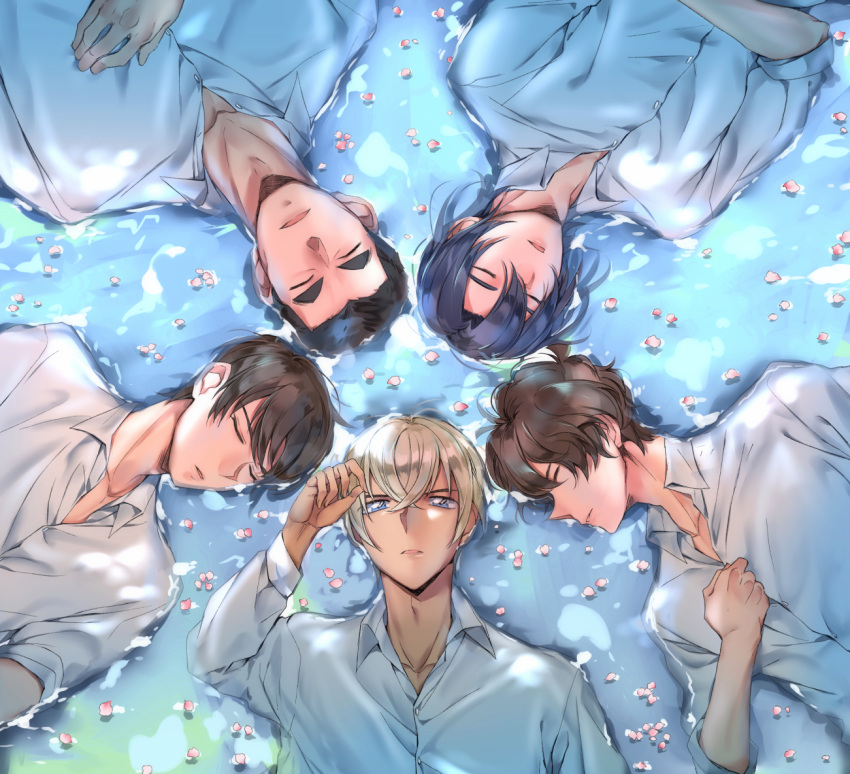 5boys amuro_tooru bangs black_hair blonde_hair blue_eyes brown_hair buttons circle_formation closed_eyes collarbone collared_shirt commentary_request date_wataru dreaming182 dress_shirt hagiwara_kenji hair_between_eyes hand_on_own_chest hand_up long_sleeves looking_at_viewer lying male_focus matsuda_jinpei meitantei_conan multiple_boys on_back parted_lips petals petals_on_liquid scotch_(meitantei_conan) shirt short_hair sleeping sleeves_rolled_up thick_eyebrows upper_body water white_shirt