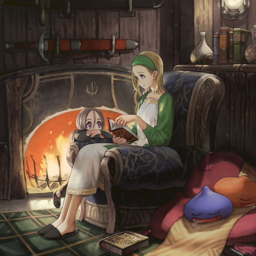 1boy 1girl aged_up alternate_costume blonde_hair book chair character_request child commentary dragon_quest dragon_quest_xi dress eye_contact fireplace full_body green_hairband hairband hero_(dq11) highres indoors jun_(navigavi) long_hair looking_at_another mother_and_son open_mouth senya_(dq11) sheath sheathed sitting slime_(dragon_quest) slippers sword weapon weapon_on_wall