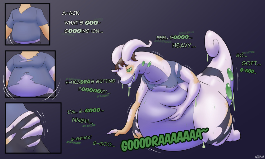 belly belly_expansion big_belly bodily_fluids brown_hair bursting_out_of_clothing clothing diethyl dragon drooling english_text expansion feral generation_6_pokemon goo_(disambiguation) goodra growth hair hi_res holding_belly human human_to_feral hypnosis hypnosis_eyes identity_death intelligence_loss kneeling looking_pleasured loss_of_speech male mammal mid_transformation mind_alteration mind_control nintendo nude overweight overweight_feral overweight_male pink_body pokemon pokemon_(species) pokemon_speak saliva solo species_transformation tail tail_burst tail_growth tail_tenting text tongue tongue_out torn_clothing transformation unwilling_to_willing verbal_reaction_to_tf weight_gain