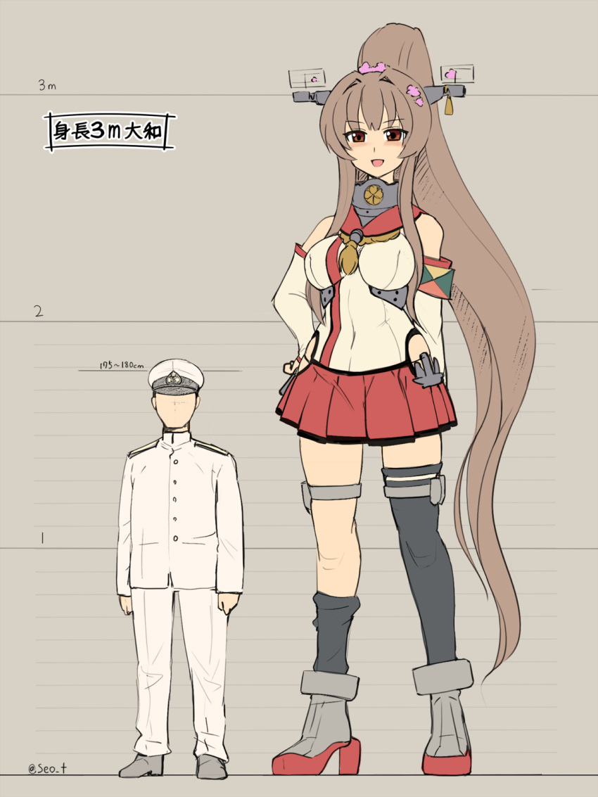 1boy 1girl admiral_(kantai_collection) anchor blush breasts brown_hair chart check_translation detached_sleeves flower giant giantess hair_flower hair_ornament hand_on_hip hands_on_hips hat headgear height_chart height_difference height_mark high_heels highres hip_vent kantai_collection large_breasts long_hair military military_hat military_uniform mugshot naval_uniform ponytail seo_tatsuya single_thighhigh size_difference tall tall_female thighhighs translation_request uniform yamato_(kantai_collection) z_flag