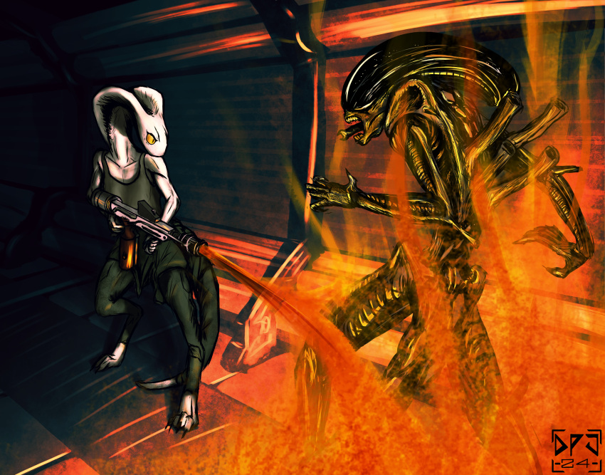 2024 absurd_res alien alien_(franchise) anthro attack black_body clothing cobra dark_lighting digital_drawing_(artwork) digital_media_(artwork) digitigrade dirtypaperjoe ellen_ripley enraged fire flamethrower glistening hi_res hissing ranged_weapon reptile scalie shirt snake spaceship_interior tank_top topwear weapon white_body xenomorph