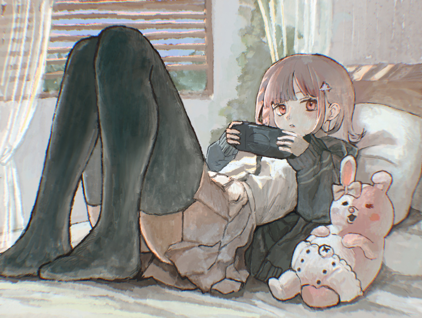 1girl black_jacket black_shirt black_thighhighs blush bow brown_eyes brown_hair chushui_(izumi617) danganronpa_(series) danganronpa_2:_goodbye_despair diaper ear_bow grey_shirt handheld_game_console highres holding holding_handheld_game_console jacket knees_up medium_hair miniskirt monomi_(danganronpa) nanami_chiaki no_shoes open_clothes open_jacket pillow pleated_skirt shirt short_hair sitting skirt spaceship_hair_ornament teeth thighhighs two-tone_shirt window