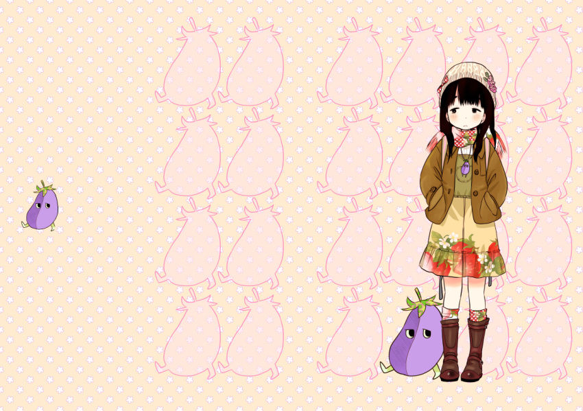 1girl anneko_anko black_hair blush bow brown_footwear brown_jacket dress eggplant flower food_print frown hands_in_pockets hat hat_bow hat_flower jacket jewelry knit_hat long_hair necklace original parted_bangs print_scarf scarf solo standing strawberry_print