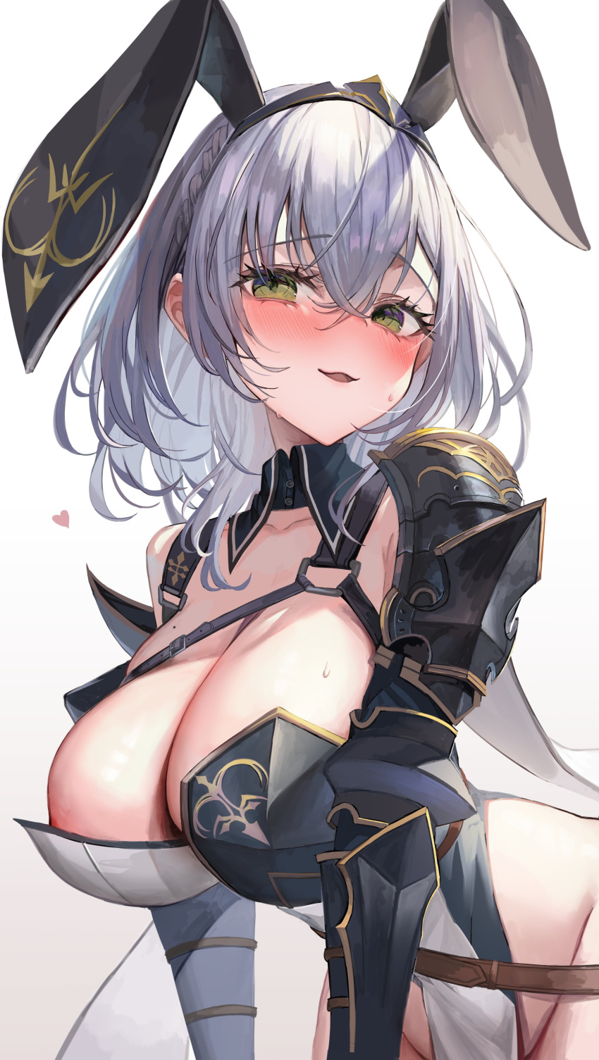 1girl absurdres animal_ears blush braid breasts chest_belt chest_guard chest_strap cleavage gloves green_eyes grey_hair hair_between_eyes highres hololive large_breasts looking_at_viewer medium_hair mole mole_on_breast open_mouth rum_raisin_(chihiromakita19) shirogane_noel shirogane_noel_(1st_costume) solo virtual_youtuber wavy_hair