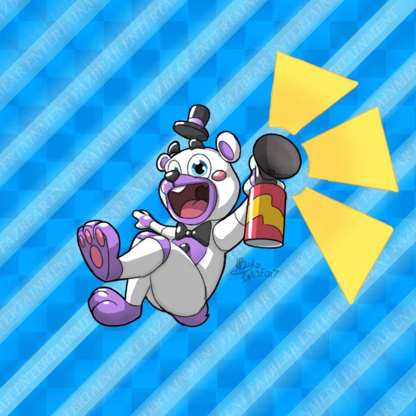 2020 :d abstract_background air_horn animatronic anthro barefoot blue_background blue_eyes bow_tie buckteeth checkered_background clothing english_text five_nights_at_freddy's freddy_fazbear's_pizzeria_simulator glistening glistening_body glistening_eyes hat headgear headwear helpy_(fnaf) holding_object inkart_flow looking_at_viewer machine male mammal multicolored_body open_mouth pattern_background pawpads paws pink_tongue pose purple_body purple_tail raised_arm raised_leg robot round_ears scut_tail short_tail simple_background smile solo teeth text tongue toony top_hat ursid uvula video_games white_body