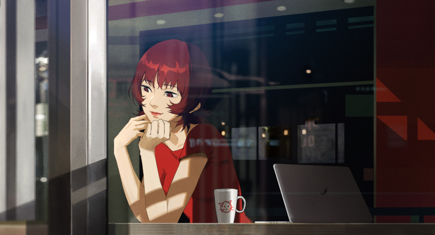 1girl computer cup day elbow_rest film_grain from_outside from_side highres laptop lightofheaven looking_down looking_outside mug paprika paprika_(character) red_eyes red_hair red_shirt shirt short_hair short_sleeves smile solo t-shirt upper_body