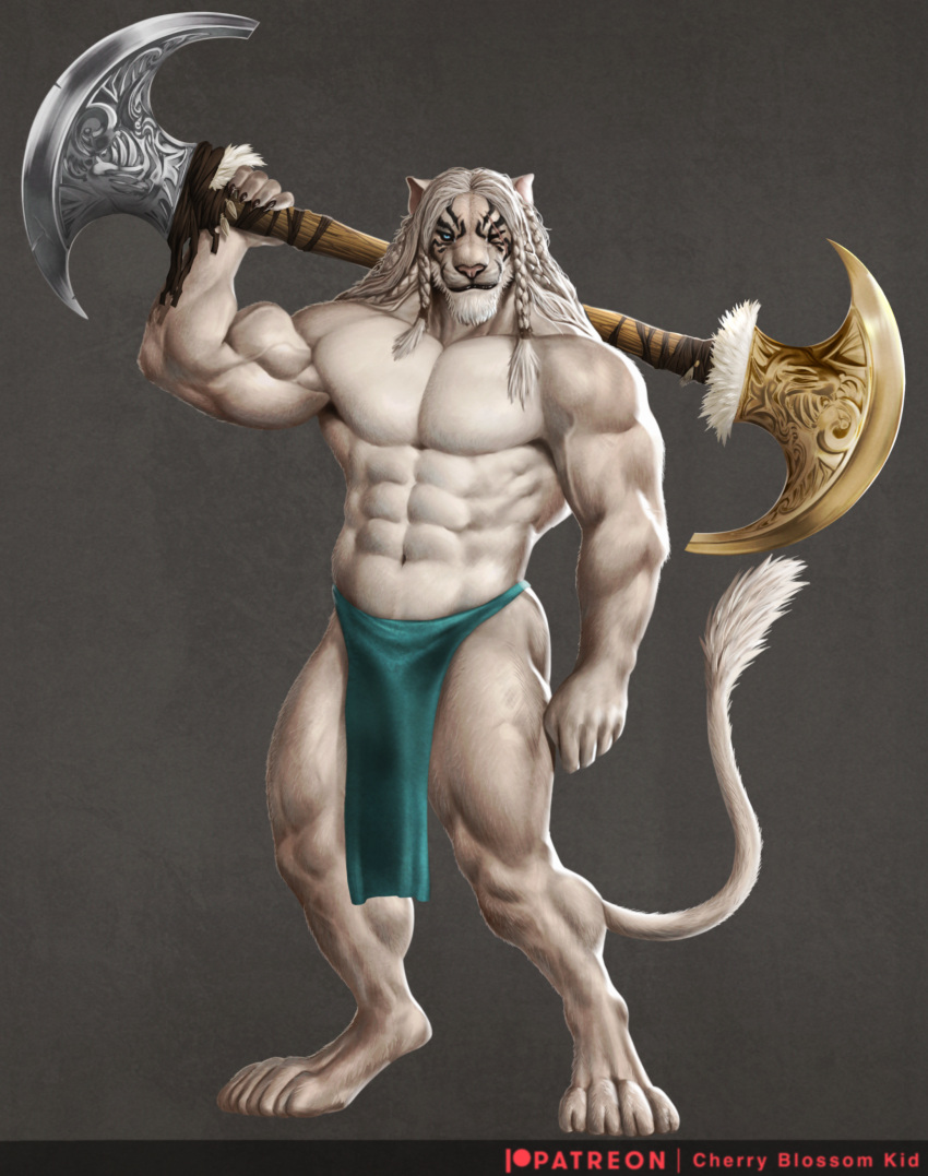 2024 abs ajani_goldmane anthro biped blue_eyes bottomwear braided_hair cherry_blossom_kid claws clothed clothing digital_media_(artwork) digitigrade eye_scar facial_scar felid finger_claws full-length_portrait fur grey_background hair hasbro hi_res holding_object holding_polearm holding_weapon lion loincloth loincloth_only magic:_the_gathering male mammal melee_weapon muscular muscular_anthro muscular_male pantherine paws pecs polearm portrait scar simple_background solo standing tail tail_tuft topless tuft weapon white_body white_fur white_hair wizards_of_the_coast