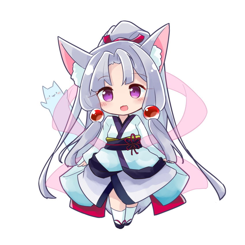 1girl :d animal_ear_fluff animal_ears bangs black_footwear blush chibi commentary_request eyebrows_visible_through_hair fox_ears fox_girl fox_tail full_body hagoromo high_ponytail highres japanese_clothes kimono long_hair long_sleeves looking_at_viewer obi open_mouth parted_bangs ponytail purple_eyes ryogo sash see-through shawl silver_hair simple_background sleeves_past_wrists smile socks solo standing tail touhoku_itako very_long_hair voiceroid white_background white_kimono white_legwear wide_sleeves zouri