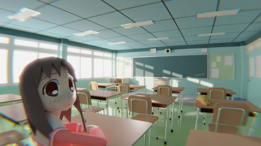 1girl 3d :o azumanga_daioh azumanga_daioh's_school_uniform blender_(medium) blush brown_eyes brown_hair bulletin_board ceiling ceiling_light chair chalkboard chromatic_aberration classroom clock commentary desk english_commentary fisheye highres indoors kasuga_ayumu looking_at_viewer low_poly mihama_chiyo's_father pink_serafuku sailor_collar school school_chair school_desk school_uniform serafuku solo_focus sticky_note tds_700 tile_ceiling tiles white_sailor_collar window