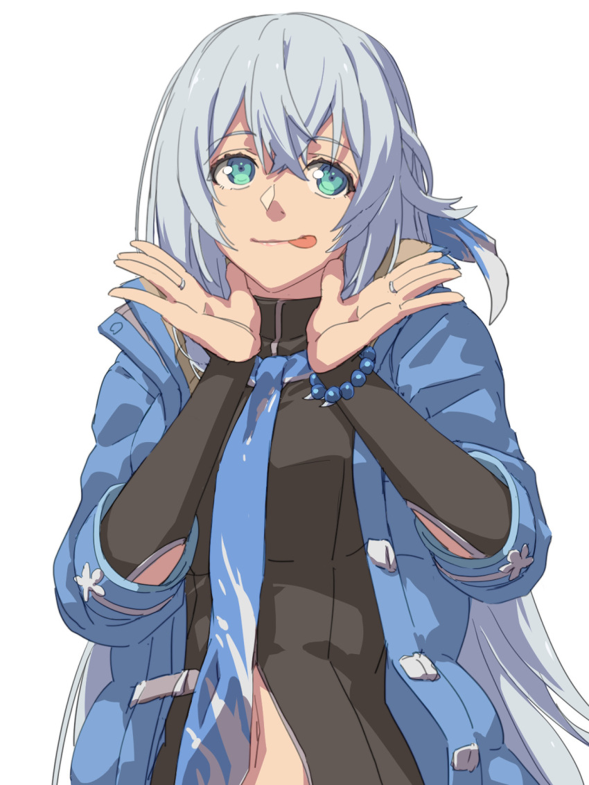 1girl :p beads blue_eyes blue_jacket bridal_gauntlets chiharu_(9654784) clothing_cutout coat commentary_request crossed_bangs double-parted_bangs eiyuu_densetsu eyelashes hair_between_eyes half_updo highres jacket kuro_no_kiseki long_hair loose_necktie navel navel_cutout necktie open_clothes open_coat open_jacket outside_border prayer_beads shizuna_rem_misurugi simple_background solo tongue tongue_out white_background white_hair