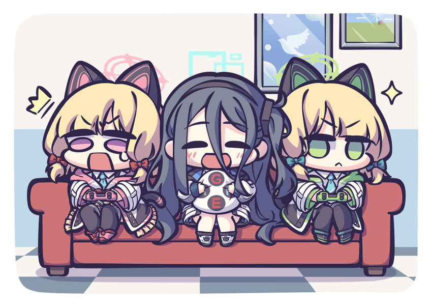 3girls :&lt; animal_ear_headphones animal_ears aris_(blue_archive) black_hair black_hairband blonde_hair blue_archive blue_halo blue_necktie border bow cat_ear_headphones checkered_floor chibi closed_eyes closed_mouth collared_shirt controller couch fake_animal_ears game_controller green_bow green_eyes green_footwear green_halo green_jacket hair_bow hairband halo headphones holding holding_controller holding_cushion holding_game_controller jacket long_hair long_sleeves midori_(blue_archive) momoi_(blue_archive) multiple_girls necktie open_mouth painting_(object) parted_bangs picture_frame pink_eyes pink_halo pink_jacket playing_games red_bow red_footwear shirt siblings sidelocks single_tear sitting smile sparkle spk_kei surprised tail twins very_long_hair white_border white_shirt