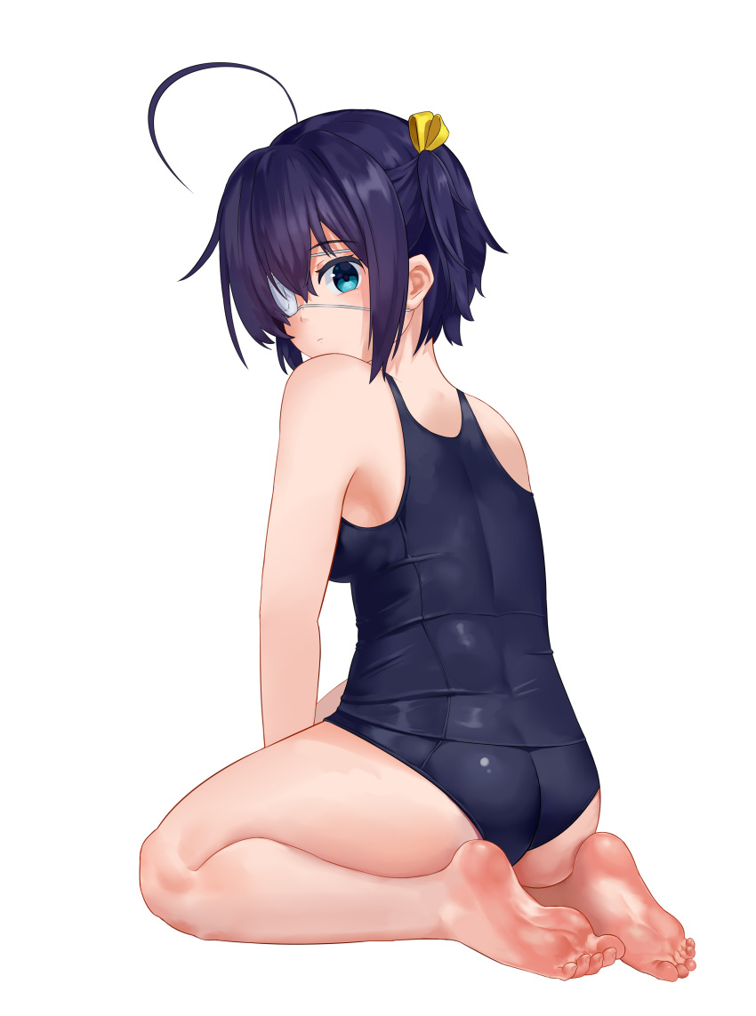 1220060931 1girl absurdres ahoge ass barefoot black_hair black_one-piece_swimsuit blue_eyes breasts chuunibyou_demo_koi_ga_shitai! feet highres looking_at_viewer looking_back one-piece_swimsuit one_side_up school_swimsuit seiza short_hair simple_background sitting small_breasts soles solo swimsuit takanashi_rikka toenails toes white_background