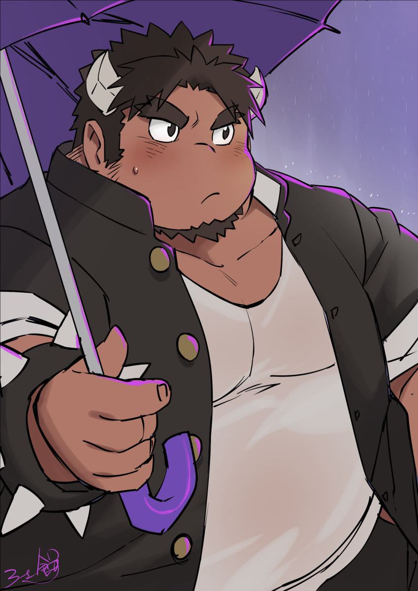 1boy bara belly black_bracelet black_jacket bracelet brown_eyes brown_hair closed_mouth commentary_request cow_horns daihukudokoro dark-skinned_male dark_skin facial_hair forked_eyebrows gakuran goatee highres holding holding_umbrella horns jacket jewelry large_pectorals long_sideburns looking_to_the_side male_focus mature_male open_clothes open_jacket pectorals plump pout purple_umbrella rain school_uniform shirt short_hair sideburns signature sleeves_rolled_up solo spiked_bracelet spikes sweatdrop tetsuox_(housamo) thick_eyebrows tokyo_afterschool_summoners umbrella upper_body white_shirt