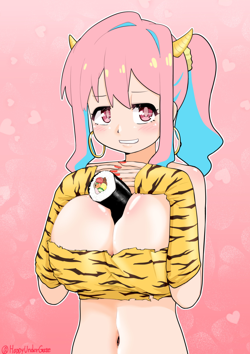 1girl absurdres animal_print artist_name bandeau bare_shoulders between_breasts blue_hair blush breasts commentary_request earrings ehoumaki food grin hair_between_eyes hands_on_own_chest happyundergate heart heart_background highres hoop_earrings horns hozuki_kaede huge_breasts jewelry long_hair looking_at_viewer makizushi midriff multicolored_hair nail_polish navel onii-chan_wa_oshimai! outline partial_commentary pink_background pink_eyes pink_hair red_nails setsubun sexually_suggestive side_ponytail sidelocks simple_background smile solo sushi tiger_print twitter_username two-tone_hair upper_body white_outline