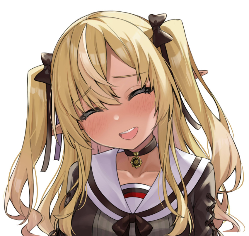 1girl blonde_hair blush breasts choker dark-skinned_female dark_elf dark_skin dress elf grey_dress highres hololive long_hair long_sleeves looking_at_viewer multicolored_hair official_alternate_costume open_mouth pinstripe_dress pinstripe_pattern pointy_ears roridaitouryou sailor_collar shiranui_flare shiranui_flare_(street) sidelocks streaked_hair striped_clothes striped_dress sun_pendant twintails_day vertical-striped_clothes vertical-striped_dress virtual_youtuber