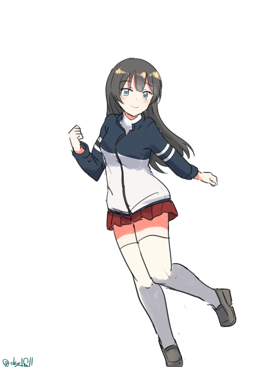 1girl absurdres agano_(kancolle) black_hair green_eyes highres jacket kantai_collection long_hair multicolored_clothes multicolored_jacket official_alternate_costume pleated_skirt red_skirt robinson_(day_l_full) simple_background skirt solo thighhighs two-tone_jacket white_background white_thighhighs