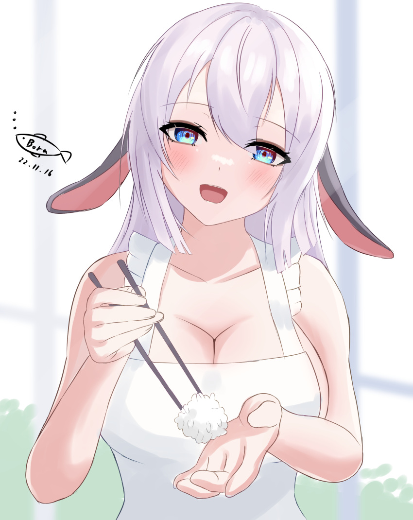 1girl absurdres animal_ears aogiri_koukou apron artist_logo blue_eyes blush bora_(karasumin0) breasts chopsticks cleavage collarbone dated highres holding holding_chopsticks long_hair lop_rabbit_ears naked_apron open_mouth rabbit_ears rice solo upper_body virtual_youtuber white_hair yamaguro_nekuro