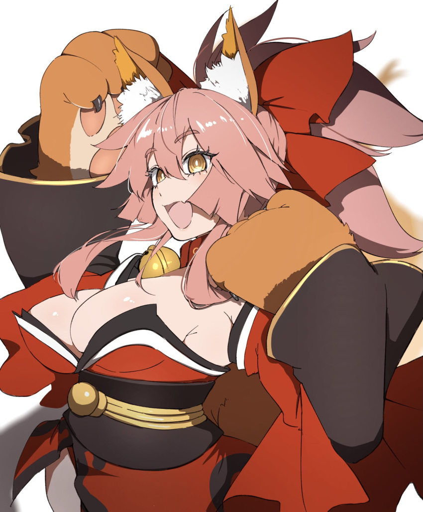 1girl animal_ear_fluff animal_ears animal_hands bare_shoulders bell blush bow breasts cleavage collar detached_sleeves fate/extra fate/grand_order fate_(series) fox_ears fox_girl fox_tail gloves hair_between_eyes hair_bow highres japanese_clothes jingle_bell kimono large_breasts long_hair looking_at_viewer neck_bell obi open_mouth paw_gloves pink_hair ponytail red_bow red_kimono ri_o_ne_su sash sidelocks smile solo tail tamamo_(fate) tamamo_cat_(fate) tamamo_cat_(first_ascension)_(fate) wide_sleeves yellow_eyes