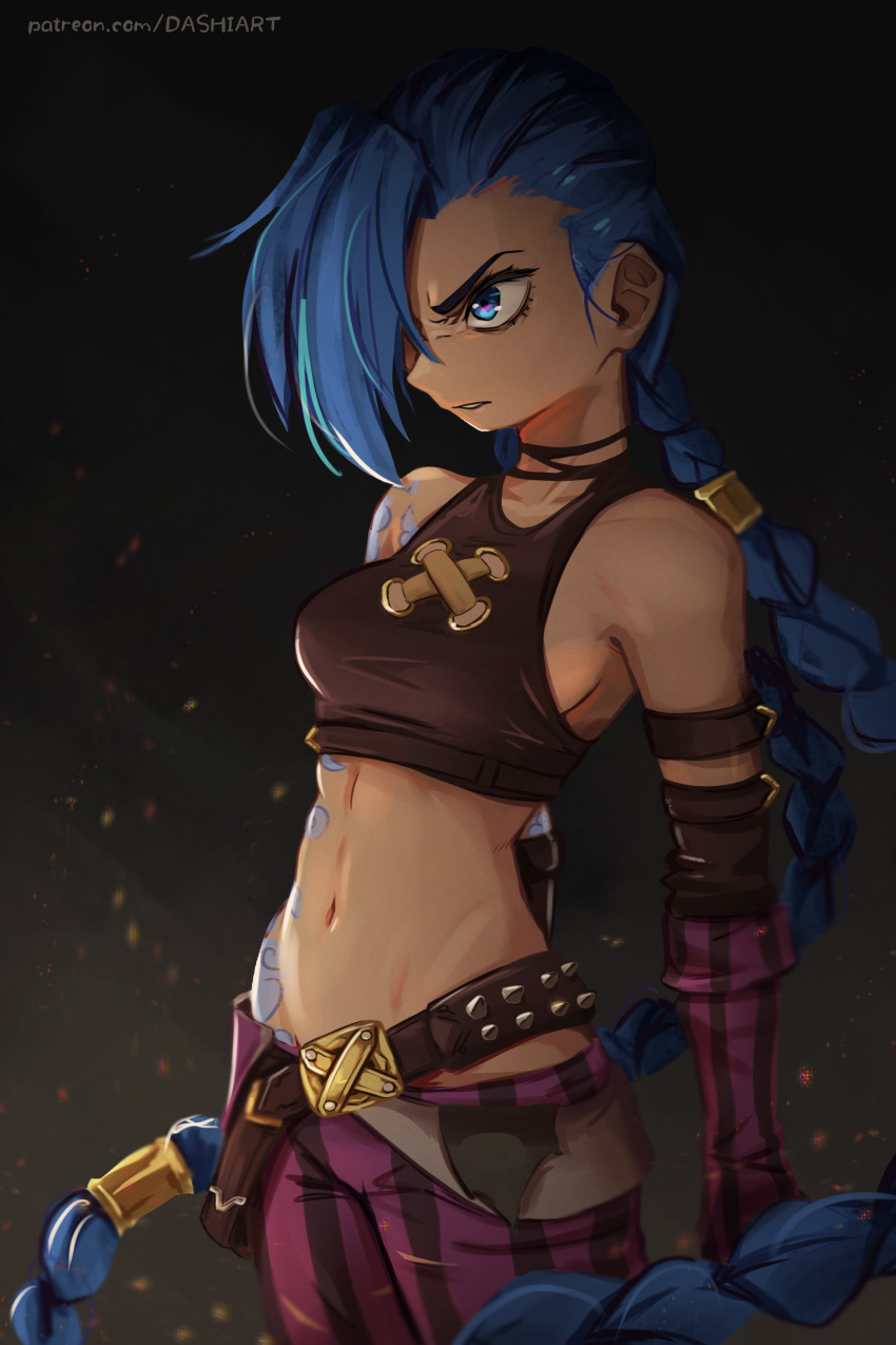 1girl absurdres arcane:_league_of_legends arcane_jinx arm_tattoo asymmetrical_bangs bare_shoulders blue_hair braid breasts cloud_tattoo crop_top dashi_(dashiart) gloves highres jinx_(league_of_legends) league_of_legends long_hair navel pants shoulder_tattoo solo striped_clothes striped_pants tattoo twin_braids