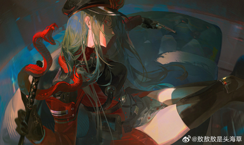 1girl aoseagrass black_thighhighs breasts chair character_request copyright_request dress forked_tongue green_hair gun handgun hat highres holding holding_gun holding_weapon indoors knee_pads large_breasts long_hair long_sleeves looking_at_viewer pelvic_curtain police_hat profile red_dress red_eyes shade shaded_face sidelocks sideways_glance single_knee_pad sitting snake solo thighhighs thighs tongue weapon weibo_logo weibo_username